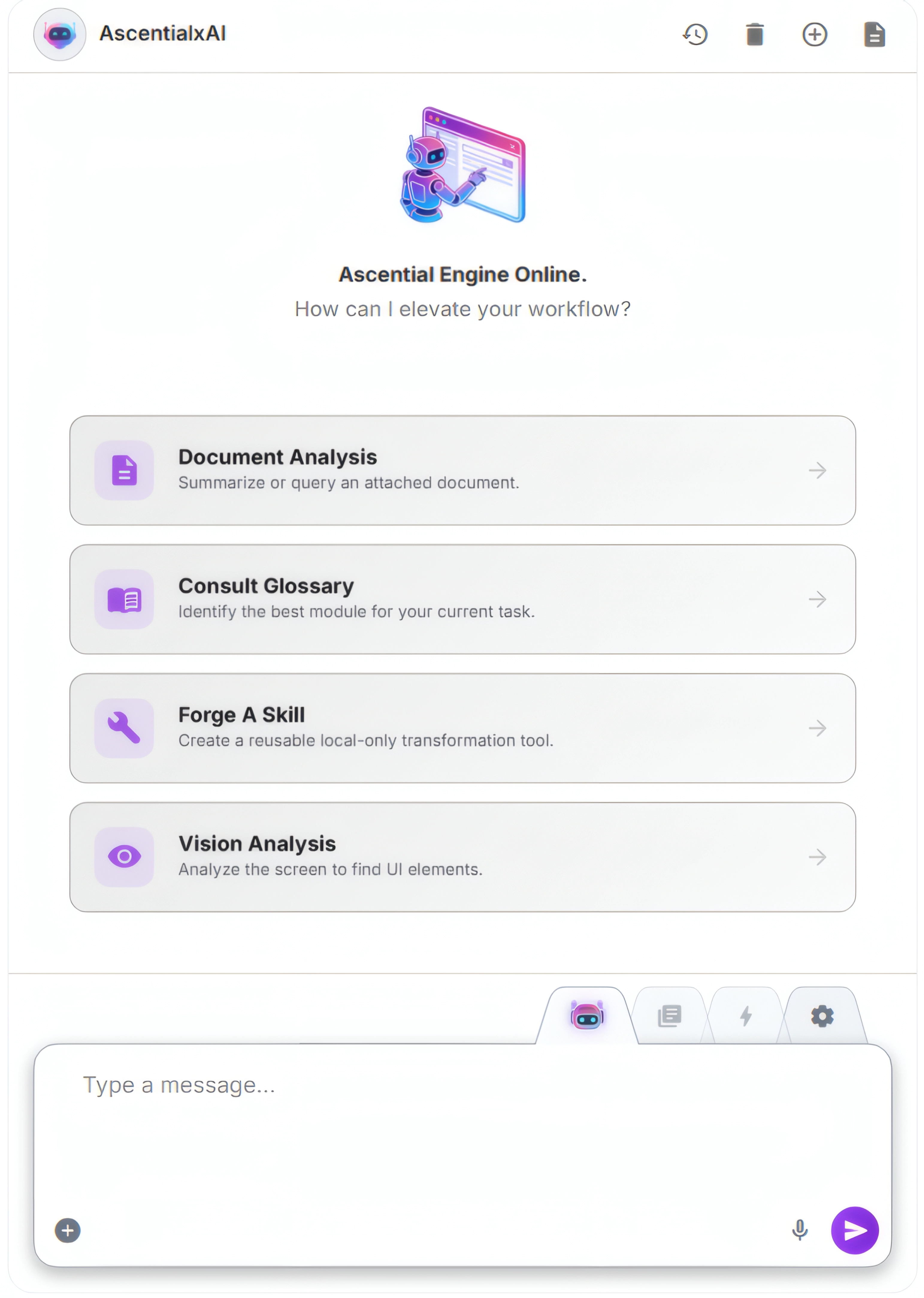 The AscentialxAI sidepanel open in a browser, ready with its core skills